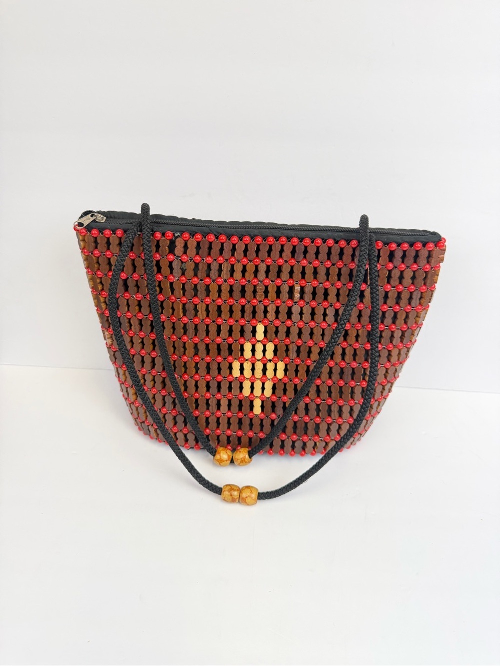 Beaded Half-Moon Shoulder Bag in Brown and Red